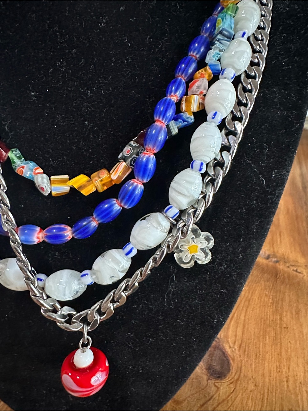 Free People Layered Blue, White & Red Beaded Necklace with Silver-Tone Chains - Picture 3 of 4